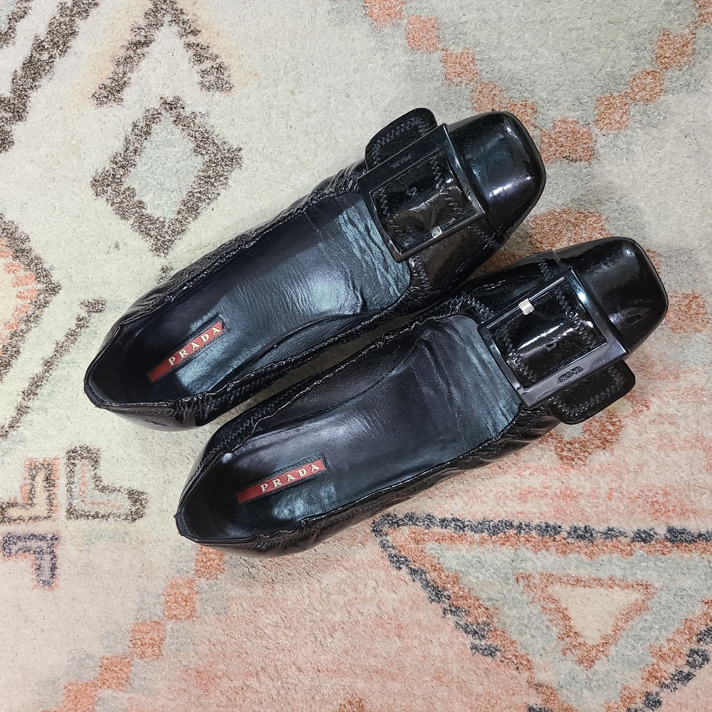 SOLD Prada Black Flats with Glossy Finish and Buckle